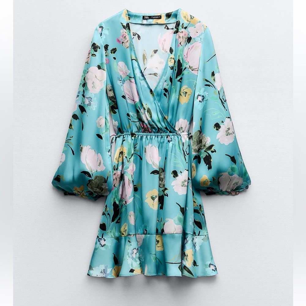 ZARA Floral Satin Effect Dress, Size L | NWT